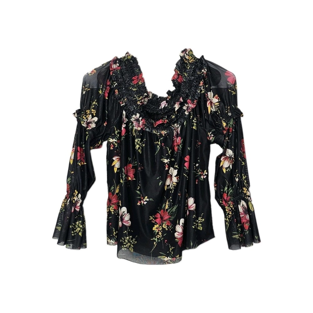 Ginger‎ Off The Shoulder Crop Top XL Black Floral Ruffled Sleeves Stretchy EUC
